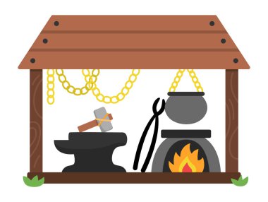 Vektör karikatür forge ikonu. Kazanı yanan demirci, aletler, çekiç, eğri, zincir, örs. Demirci cüce atölyesi çizimi. Sihirli peri masalı demir işçisi ikonu beyaz sırtüstü izole edilmiş