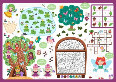 Vektör peri ülkesi paspası. Labirenti, bulmacası, gölge eşleşmesi olan orman perisi basılabilir aktivite paspası, fark bul. Tatlı peri masalı oyun hasırı, menü, çocuk dergisi tablosu