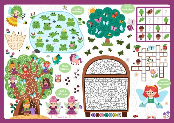 Vektör peri ülkesi paspası. Labirenti, bulmacası, gölge eşleşmesi olan orman perisi basılabilir aktivite paspası, fark bul. Tatlı peri masalı oyun hasırı, menü, çocuk dergisi tablosu