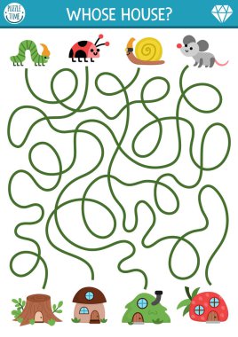 Hayvanlı çocuklar için cüce labirenti ve çilek ve mantar şeklinde küçük orman evleri. Cüce masalı, orman hayvanları ve evleriyle basılabilir okul öncesi aktiviteleri. Güzel labirent oyunu, bulmaca!