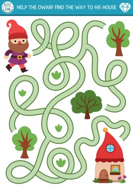 Cüce labirenti şirin elfleri, ağaçları ve evi olan çocuklar için. Peri masalı basılabilir okul öncesi aktivitesi. Woodland fantezi labirent oyunu ya da yapboz. Cüceye evine giden yolu bulmasında yardım et.