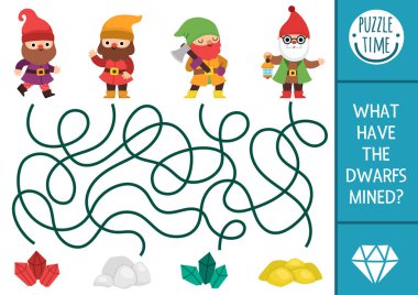 Şirin elf madencileri, zümrüt, yakut, altın ve gümüşü olan çocuklar için cüce labirenti. Peri masalı basılabilir okul öncesi aktivitesi. Woodland fantezi labirent oyunu ya da yapboz. Cüceler benim mi?