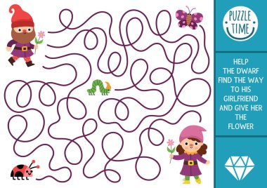 Tatlı elf, kelebek ve uğur böceği olan çocuklar için cüce labirenti. Peri masalı basılabilir okul öncesi aktivitesi. Woodland fantezi labirent oyunu, yapboz. Cüceye kız arkadaşına ulaşması için yardım et ve ona flowe ver.