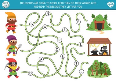 Elf madencisi, ormancısı, demircisi ve mektupları olan çocuklar için cüce labirenti. Peri masalı basılabilir okul öncesi aktivitesi. Fantezi labirent oyunu ya da yapboz. Cüceleri çalıştırın ve mesajı okuyun
