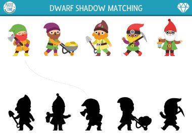 Şirin cücelerle gölge eşleştirme aktivitesi. Cüce bahçıvan, oduncu ve madenci ile peri masalı bulmacası. Doğru siluet yazdırılabilir çalışma tablosu ya da oyun bul. Çocuklar için sihirli orman sayfası