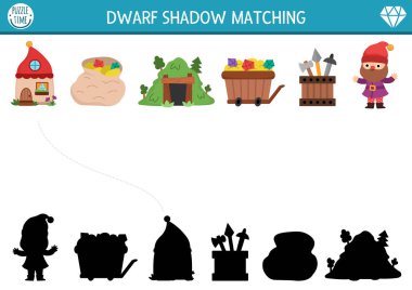 Gölge aktivitesi şirin cüceyle eşleşiyor. Cüce, ev, maden, hazine arabası, taşlı çuval. Doğru siluet yazdırılabilir çalışma tablosu bul, oyun. Çocuklar için sihirli orman sayfası