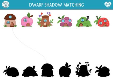 Gölge aktivitesi şirin cücelerle ya da peri evleriyle eşleşiyor. Küçük orman evleri olan bir bulmaca. Doğru siluet yazdırılabilir çalışma tablosu bul, oyun. Çocuk için sihirli orman sayfası