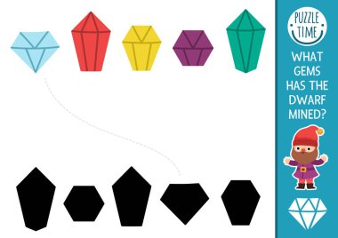 Cüce gölgesi, değerli taşlar ve kristallerle etkinliği eşleştiriyor. Yakutlu bir peri masalı bulmacası, zümrüt. Doğru siluet yazdırılabilir çalışma tablosu bul, oyun. Çocuklar için sihirli cüce sayfası