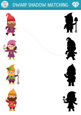 Şirin cücelerle gölge eşleştirme aktivitesi. Cüce bahçıvanla peri masalı yap-bozu, kız, nalbant. Doğru siluet yazdırılabilir çalışma tablosu ya da oyun bul. Çocuklar için sihirli orman sayfası