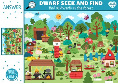 Sihirli orman manzarasıyla vektör cüce arama oyunu. Resimde gizli cüceler var. Basit bir peri masalı. Fantezi yaratığı olan çocuklar için eğitici bir baskı etkinliği ara ve bul.