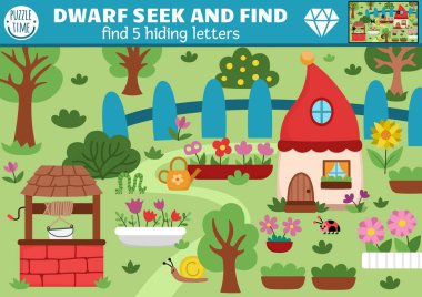 Sihirli bahçe manzaralı vektör cüce arama oyunu. Resimde gizli harfler var. Basit bir ABC peri masalı çocuklar için eğitici basılabilir aktivite arar ve bulur. Alfabe çalışması