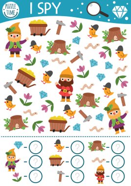 Cüce çocuklar için casusluk oyunu. Cüce, kristal, mücevher, el arabası, ağaç kütüğü ve aletle arama ve sayma faaliyetleri. Anaokulu çocukları için sihirli orman baskı kağıdı. Basit orman lekesi bulmacası!