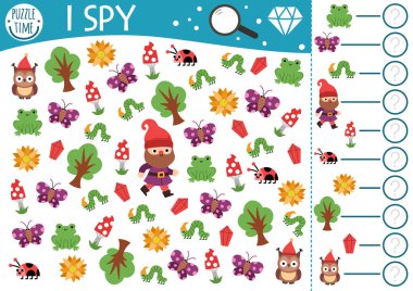 Cüce çocuklar için casusluk oyunu. Cüce, kurbağa, kelebek, ağaç ve çiçeklerle arama ve sayma faaliyetleri. Anaokulu çocukları için sihirli orman baskı kağıdı. Basit orman lekesi bulmacası!