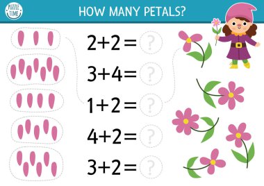 Cüce kız ve taç yapraklarıyla sayma ve eşleştirme oyunu. Okul öncesi çocuklar için bahçe cücesi matematik ek aktivitesi. Peri masalı basılabilir. Çiçekler ve orman fuarı ile çalışma tablosu.