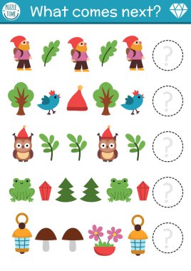 Sırada ne var? Cüce, yaprak, ağaç, baykuş ve kurbağalı anaokulu çocukları için cüce mantıksal aktivite. Sihirli orman mantık ardılı çalışma tablosu. Orman peri masalı devam ediyor.