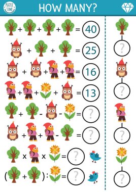 Kaç oyun, denklem ya da geri dönüş olduğunu cüce. Okul çocukları için sihirli orman ya da ormanlık matematik aktivitesi. Cüce, baykuş, ayçiçeği ve ayçiçeği olan çocuklar için basit yazdırılabilir çalışma tablosu