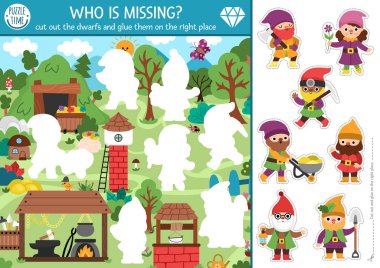 Vektör cüce kesimi ve yapıştırıcı aktivitesi. Cüce ya da büyülü orman manzarasıyla el yapımı bir oyun. Eğlenceli basılabilir çalışma tablosu. Bulmacanın doğru parçasını bul. Resmi tamamla. Kim kayıp?