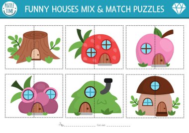 Vektör cüce karışımı ve sevimli cüce evlerle eşleşen bulmaca. Anaokulu öğrencileri için ormanlık peri masalı aktivitesi. Çilek, mantar, ağaç kütüğü şeklinde orman fantezi kulübeleriyle oyun