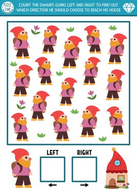 Çocuklar için sağ ve sol kavramlı cüce mantık oyunu. Şirin cüceler evi ararken casusluk yapıyorum, aktiviteleri sayıyorum. Sihirli orman yazdırılabilir uzay yönlendirme çalışma tablosu, bulmaca