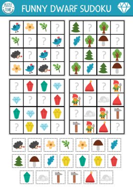 Resimli çocuklar için vektör cüce sudoku bulmacası. Kesik ve yapıştırıcı elementli basit bir orman fantezi testi. Eğitim aktivitesi ya da cüce elementlerle renklendirme sayfası. Eksik nesneyi çiz