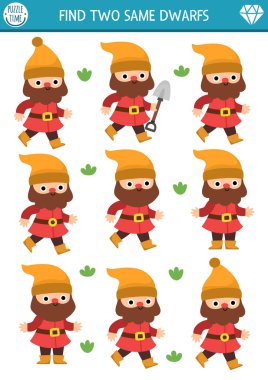 Aynı cücelerden iki tane bul. Çocuklar için peri masalı etkinliği. Sihirli bahçe ya da çocukların dikkat çekme becerileri için ormanın eğitim sınavları. Şirin cüceyle basit yazdırılabilir oyun