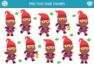 Aynı cücelerden iki tane bul. Çocuklar için peri masalı etkinliği. Sihirli bahçe ya da çocukların dikkat çekme becerileri için ormanın eğitim sınavları. Şirin cüceyle basit yazdırılabilir oyun