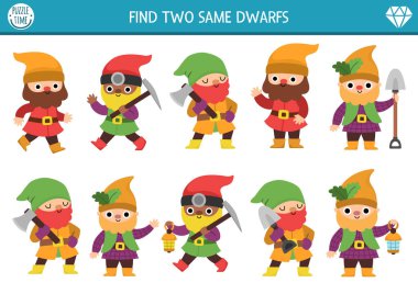 Aynı cücelerden iki tane bul. Çocuklar için peri masalı etkinliği. Sihirli bahçe ya da çocukların dikkat çekme becerileri için ormanın eğitim sınavları. Farklı cücelerle basit yazdırılabilir oyun