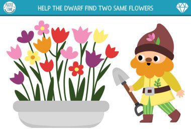 İki tane aynı çiçeği bul. Çocuklar için peri masalı etkinliği. Dikkat çekme becerileri için sihirli orman eğitim sınavı ödevi. Şirin bahçe cücesi ve çiçekli basit yazdırılabilir oyun