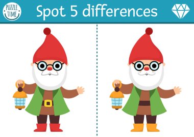 Farklılık oyunu bul. Fenerli şirin cücelerle cüce eğitim aktivitesi. Çocuklar için sihirli orman bulmacası. Peri masalı basılabilir çalışma kâğıdı, mantık sayfası, fantezi yaratıcısı ile dikkat.