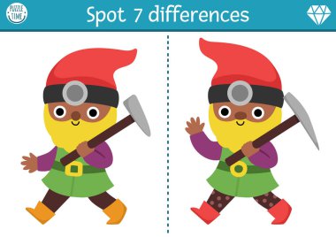 Çocuklar için farklılık oyunu bul. Cüce eğitim aktivitesi, kazmalı şirin bir cüce madenci. Çocuklar için sihirli orman bulmacası. Peri masalı basılabilir çalışma kâğıdı, mantık sayfası, fantezi yaratıcısı ile dikkat.