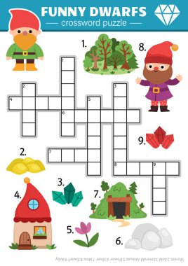 Çocuklar için vektör cüce bulmacası. Cüce, orman, maden, ev, altın ve çocuklar için mücevherlerle ilgili küçük bir sınav. Sihirli yaratıcıyla tatlı orman eğitimsel çapraz kelime etkinliği