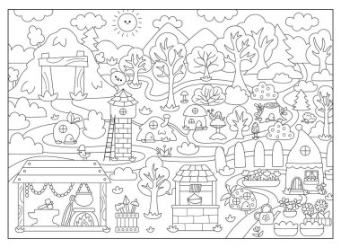 Siyah-beyaz vektör, boş cüce arazi arka planı. Şirin cüce köy manzarası. Orman, ağaç, ev, hayvan sahnesi. Peri masalı boyama sayfası maden ocağı, demir ocağı, gargara