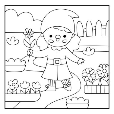 Çiçekli bahçe cücesi kızla siyah-beyaz kare sahne. Kadın cüce bahçıvanla çizgi manzarası. Orman, fantezi ormanı arka plan, boyama pag