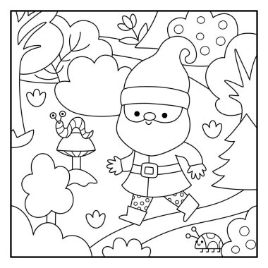 Siyah-beyaz cücenin ormanda dolaştığı bir sahne. Şirin cüce kır manzarası, boyama sayfası. Sihirli yaratıkla fantezi orman hattı geçmişi, uğur böceği