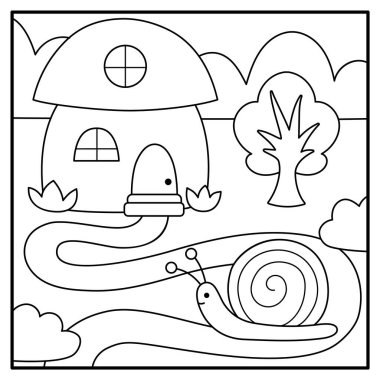 Mantar şeklindeki cüce evinin yanında duran salyangozlu siyah beyaz bir sahne. Gnome 'un eviyle ağaçlık alan, hayvan. Sihirli orman arka planı, renkli pag