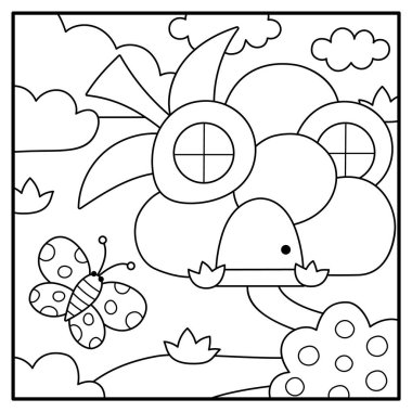 Kelebek ve ahududu şeklinde küçük cüce evi olan siyah-beyaz bir sahne. Gnome 'un eviyle ağaçlık alan. Sihirli orman arka planı, renkli pag