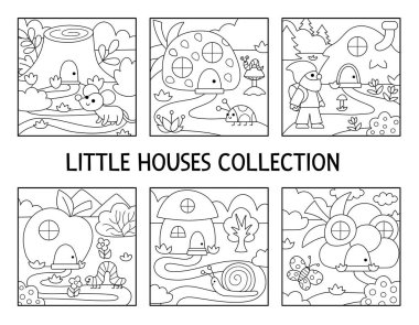 Elma, mantar, böğürtlen şeklinde hayvanlarla ve cüce evlerle dolu siyah beyaz vektör sahneleri. Ormanlık alan ya da cüce evli boyama sayfası. Sihirli orman arka planı