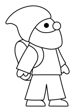 Vektör siyah ve beyaz cüce ikonu. Sihirli yaratık hattı klipsi. Tatlı peri masalı karakteri. Woodland fantezi cüce gezgini sırt çantasıyla gidiyor. Orman masalı illüstrasyonu, boya bezi