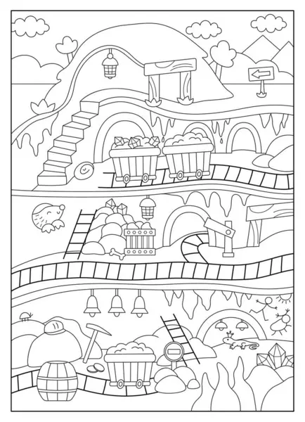 Siyah-beyaz vektör, yer altındaki boş cüce madeni geçmişi. Demiryollarıyla mağaradaki çizgi cüce altın madeni tüneli, değerli taşlarla dolu vagon, fener. Dağ altını. Renkli pag kazın.