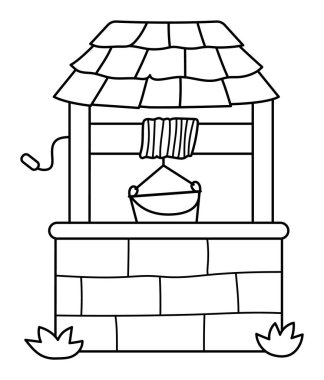 Kovalı siyah beyaz bir kuyu. Peri masalı ya da antik dünya çizgisi kiremit çatılı tuğla su çukuru ikonu. Ortaçağ kuyusu illüstrasyon veya boyama sayfası beyaz arka grupta izole edilmiş