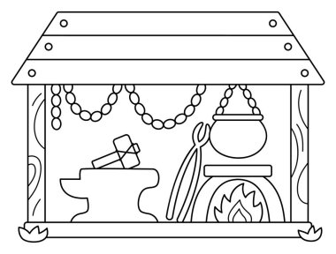 Siyah ve beyaz vektör demirci hattı simgesi. Kazanı yanan demirci, aletler, çekiç, eğri, zincir, örs. Demirci cüce atölyesi çizimi. Sihirli masal demir işçisi boyama bezi