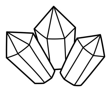 Siyah ve beyaz kristaller. Cüce ya da cüce hazineleri tırnak çizgisi ya da boyama sayfası. Yakut mücevheri ikonu. Sihir ya da peri masalı değerli taş beyaz bir sırtüstü izole edilmiş