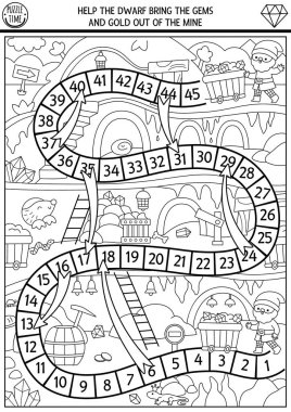 Cüceleri ve yeraltı maden arazisi olan çocuklar için cüce siyah-beyaz zar oyunu. Peri masalı borda oyunu, altın madeni mağara tüneli ve demiryolu ile boyama sayfası