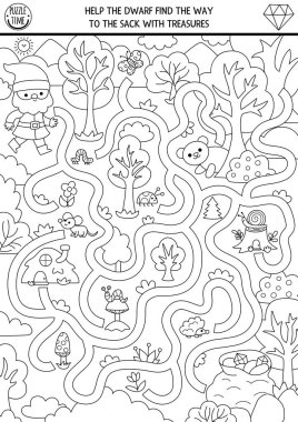 Orman manzaralı çocuklar için cüce siyah beyaz labirent. Peri masalı basılabilir okul öncesi aktivitesi. Woodland fantezi labirent oyunu, bulmaca ya da boyama sayfası. Gnome 'un hazineyi bulmasına yardım et.