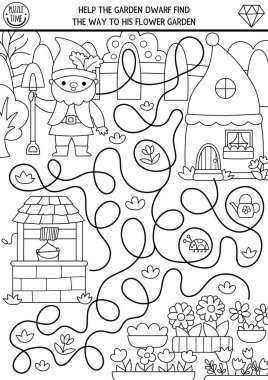 Bahçe manzarası olan çocuklar için cüce siyah-beyaz labirent. House 'la peri masalı basılabilir aktivitesi. Woodland fantezi labirent oyunu, bulmaca, boyama sayfası. Cücelerin çiçek açmasına yardım et.