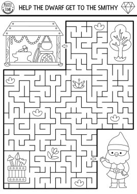 Nalbandı olan çocuklar için cüce siyah-beyaz geometrik labirent. Demirhane ile peri masalı basılabilir aktivitesi. Fantezi labirent oyunu, bulmaca, boyama sayfası. Cücelerin demirci bulmasına yardım et.
