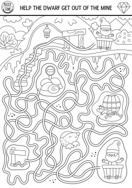 Yer altı maden arazisi ve cüceleri olan çocuklar için cüce siyah-beyaz labirent. Altın madeni mağara tüneli olan peri masalı basılabilir aktivitesi. Fantezi labirent oyunu, bulmaca, boyama pag