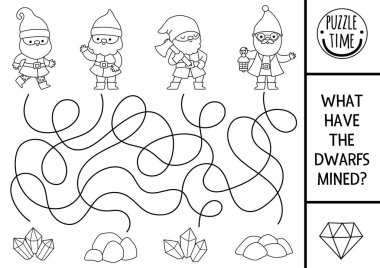 Şirin elf madencileri, mücevherleri ve metalleri olan çocuklar için cüce siyah-beyaz labirent. Peri masalı basılabilir okul öncesi aktivitesi. Ormanlık labirent oyunu, boyama sayfası, yapboz. Ne cüceler benim