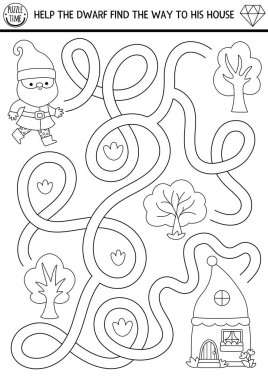 Cüce siyah beyaz labirent şirin elfleri, ağaçları ve evi olan çocuklar için. Peri masalı basılabilir okul öncesi aktivitesi. Woodland fantezi labirent oyunu, boyama sayfası ya da yapboz. Gnome 'un evine giden yolu bulmasına yardım et.