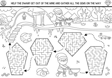 Geometrik taşları olan çocuklar için cüce siyah-beyaz labirent. Yeraltı manzaralı basılabilir aktivite, mücevherler. Sihirli labirent oyunu, bulmaca, boyama sayfası. Cücelerin kaçmasına yardım et.